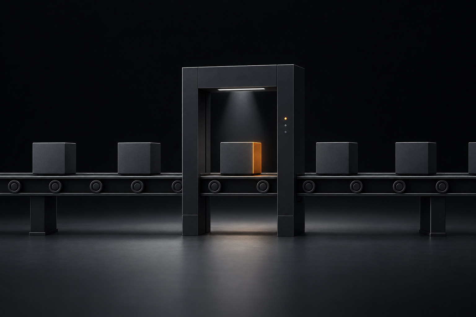 An assembly line moving abstract blocks through a governance gate; the block inside the gate is lit.