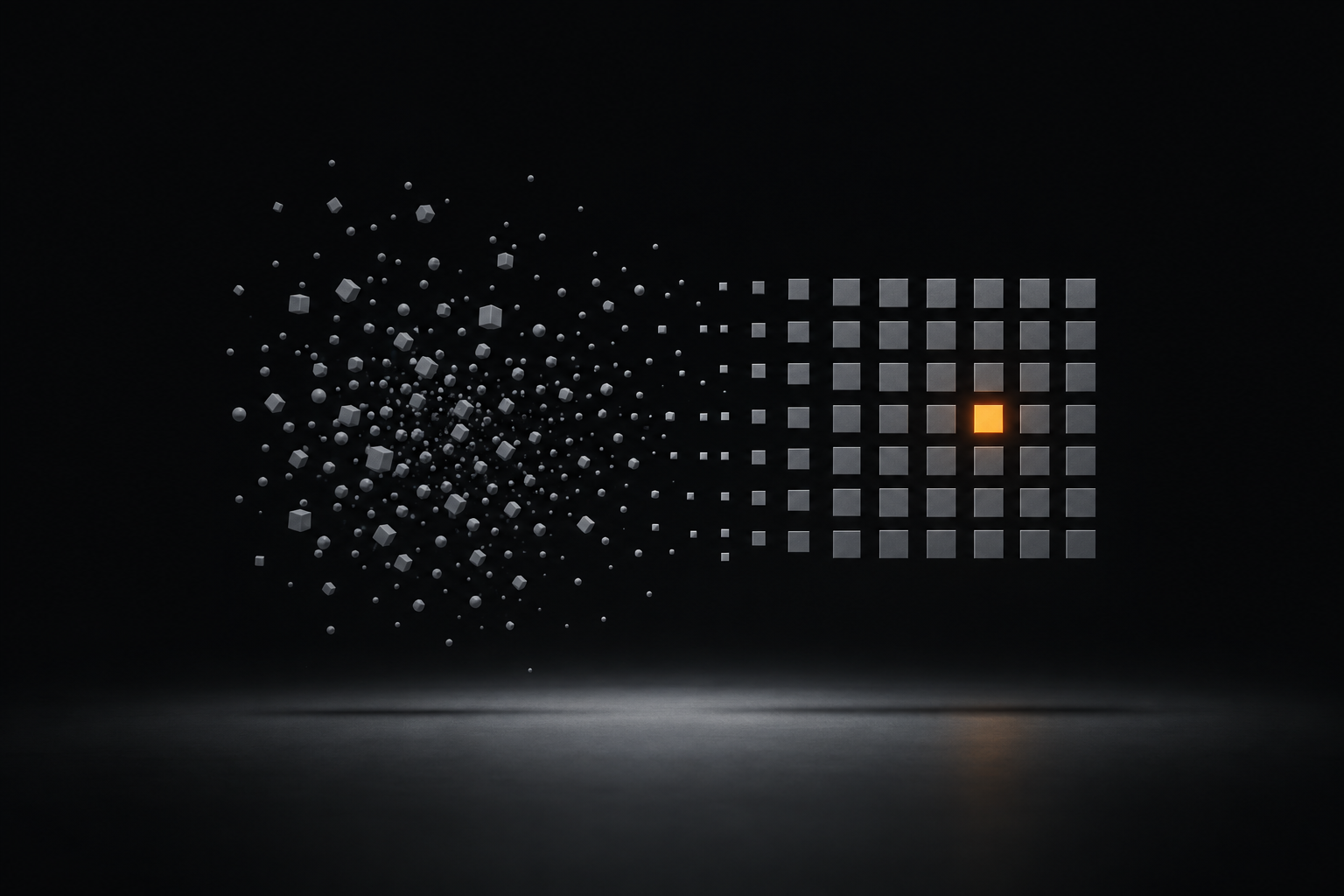 Scattered particles resolving into an ordered grid.