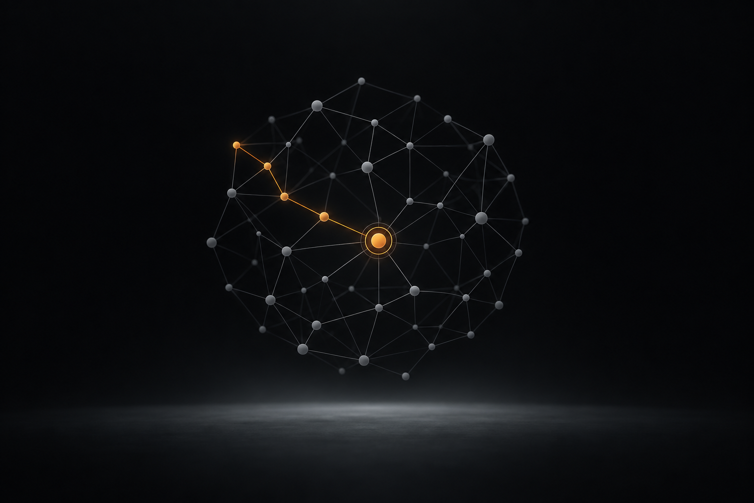 A knowledge graph of nodes with one path lit, converging on an answer.