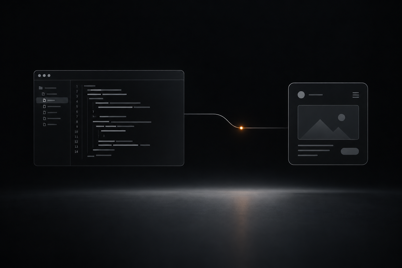 A code editor pane flowing into a shipped product tile.