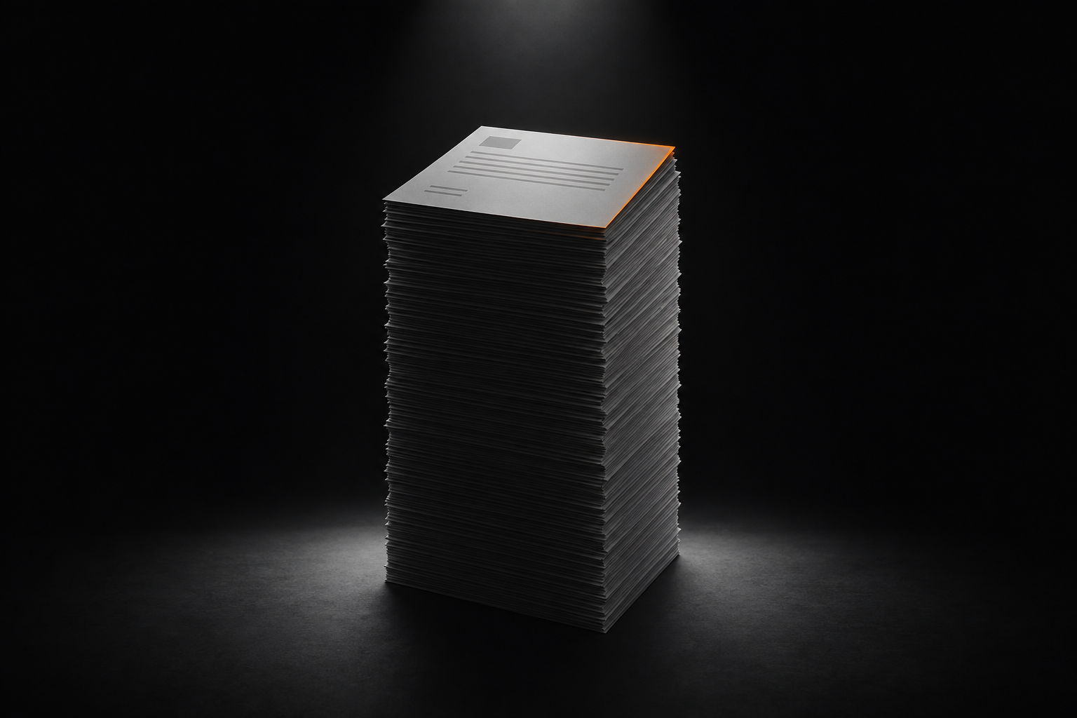 A tall, neat stack of pages under a single spotlight, the top edge lit.