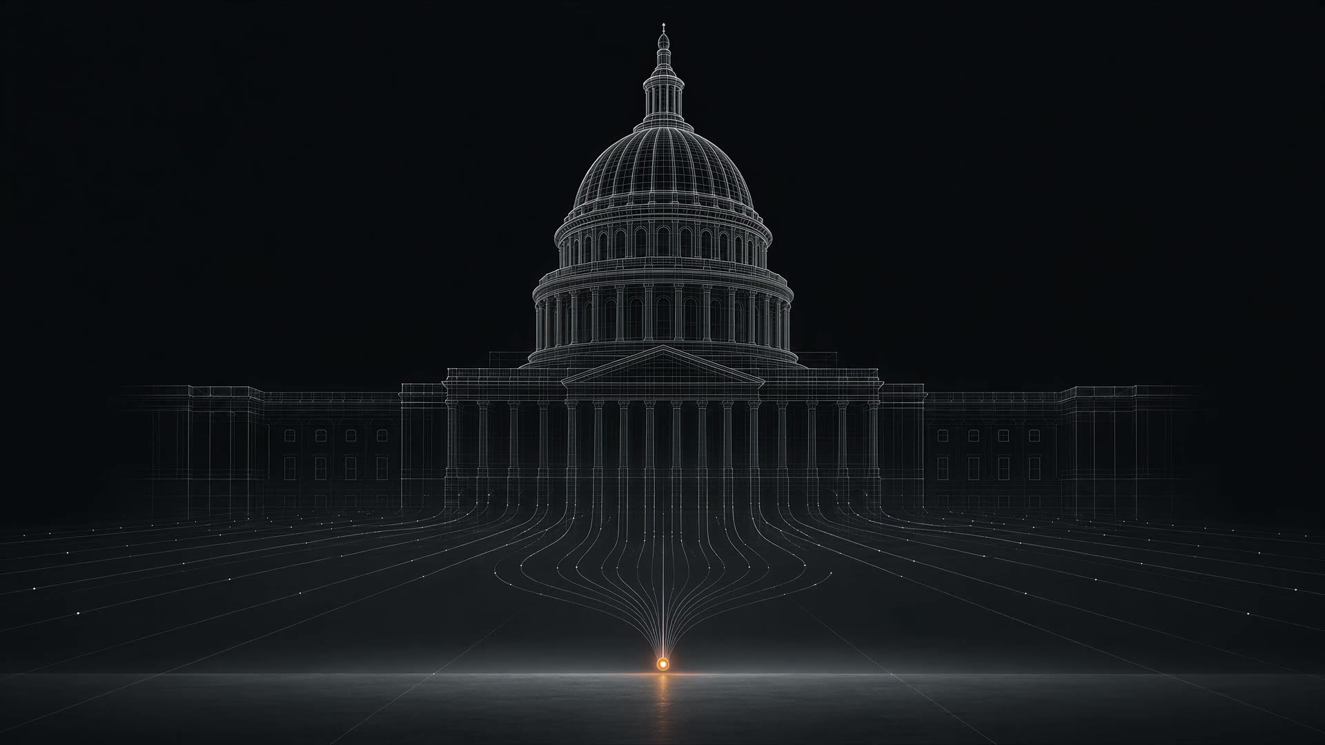 A wireframe capitol dome drawn in thin grey lines on black. Data lanes fall from the colonnade and converge on a single small orange node on the floor.