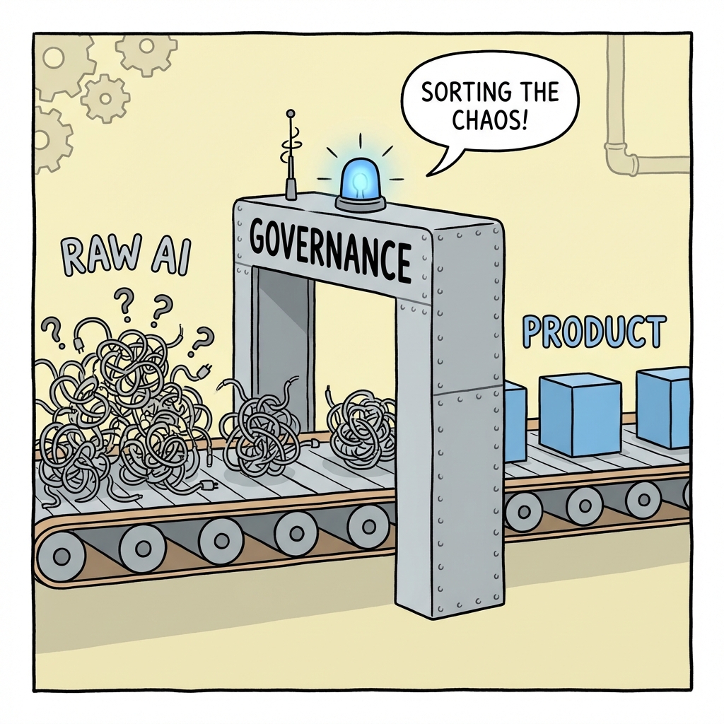 Cartoon conveyor belt turning messy raw AI into clean product boxes via governance