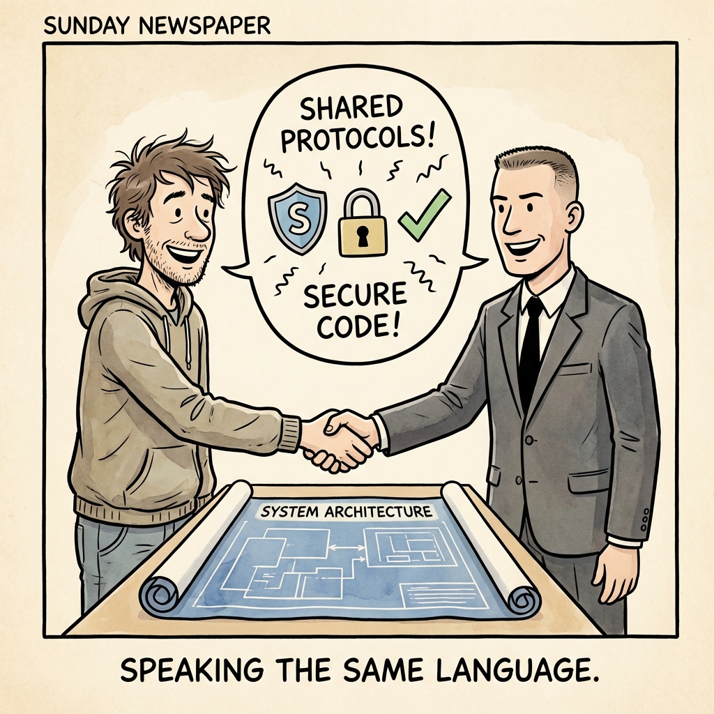 Dev and Security officer shaking hands over a shared blueprint